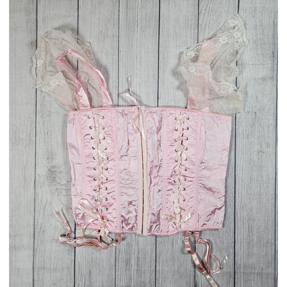 Pink Corset Top Womens 40 Pink Satin Lace-Up Lace Trim Bustier Festival Feminine